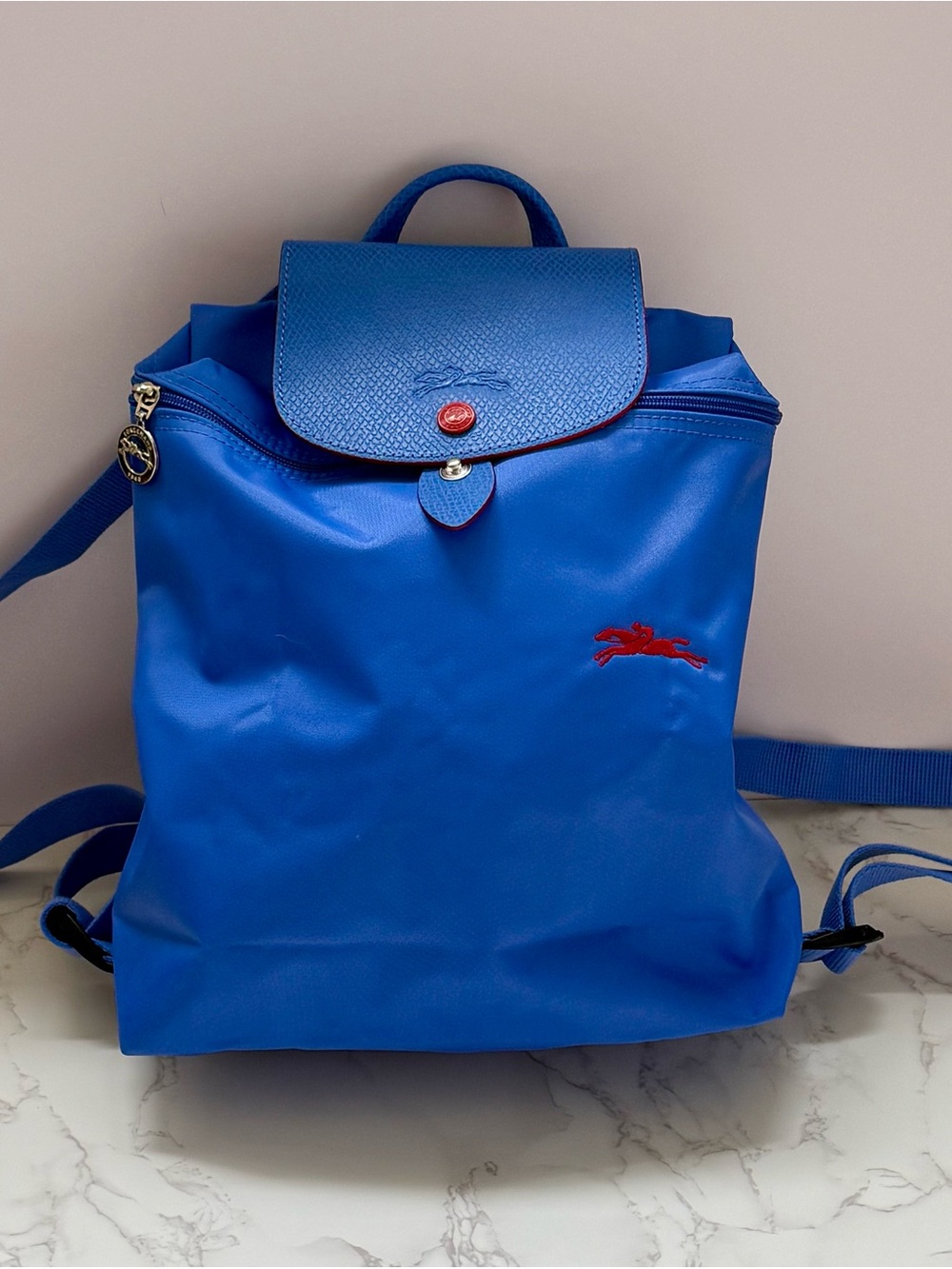 Longchamp Blue Women's Backpack with Red Accent - Casual Mini Backpack